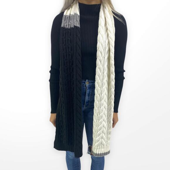 CALVIN KLEIN White Gray Wool Cable Knit Color Block Scarf - Picture 1 of 8